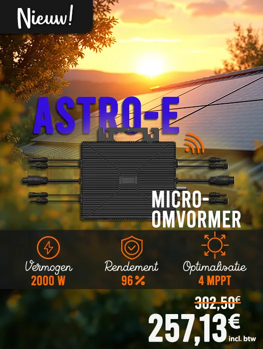 Nieuw! Micro-omvormer Astro-E met een vermogen van 2000 W, een rendement van 96% en optimalisatie dankzij 4 MPPT's voor een prijs van € 257,13 incl. btw.